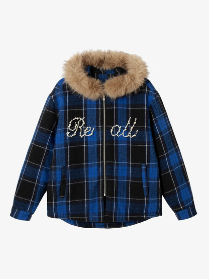 Thesupermade Beaded Fur Collar Padded Plaid Jacket 