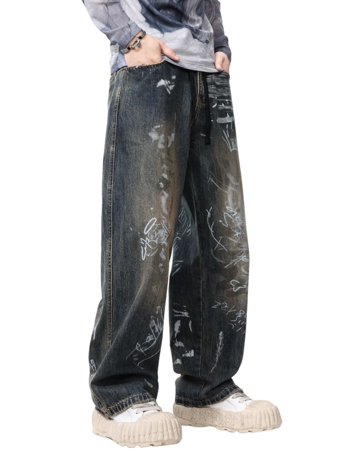 Print Hand-Painted Graffiti Drawstring Baggy Jeans 