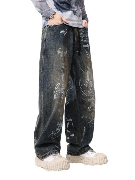 Print Hand-Painted Graffiti Drawstring Baggy Jeans 
