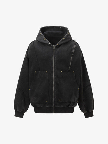 Street Washed Distressed Stitching Rivet Hooded Jacket 