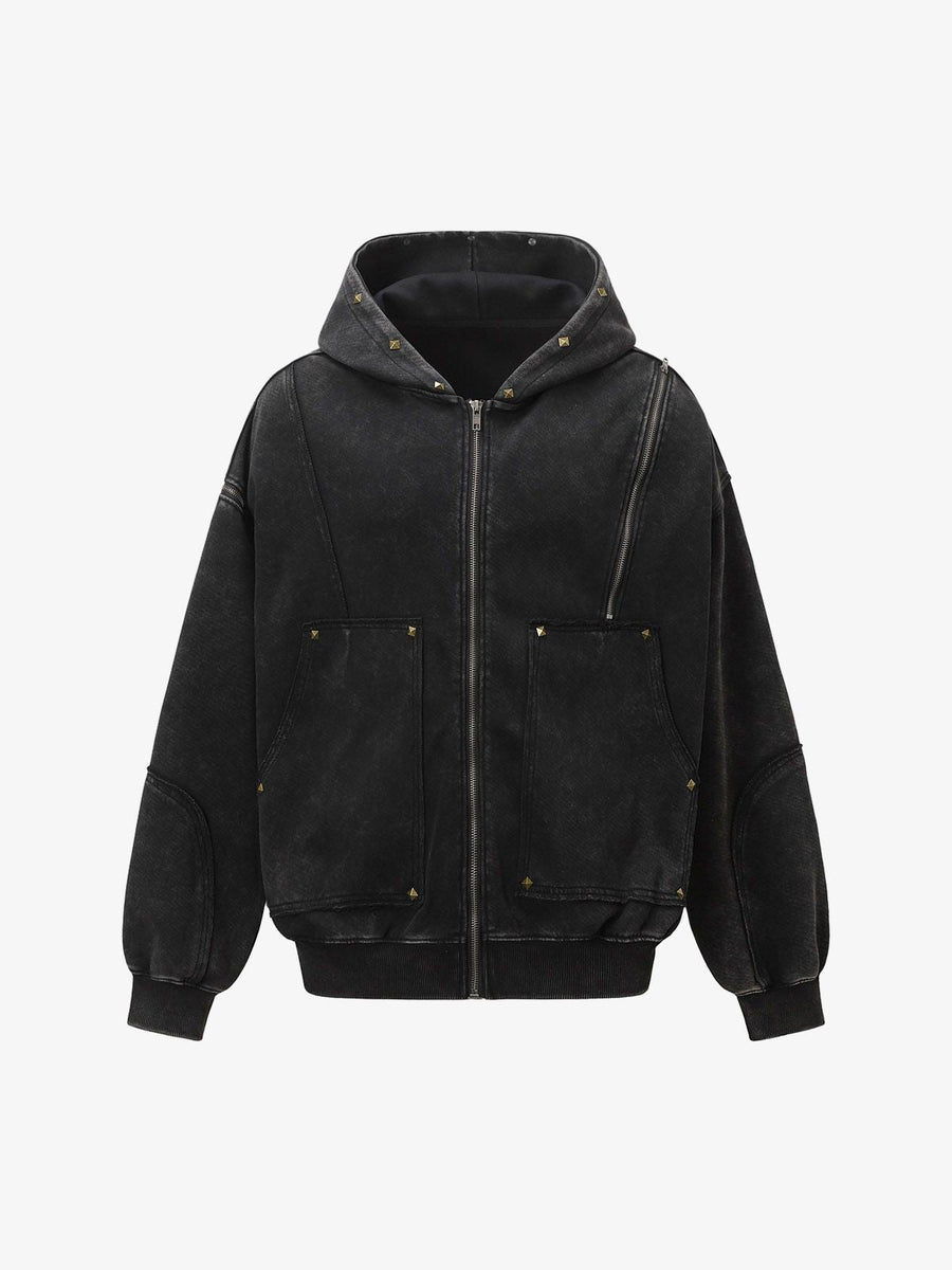 Street Washed Distressed Stitching Rivet Hooded Jacket 