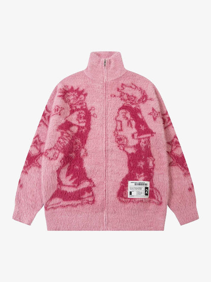 Thesupermade Graffiti Faux Mink Fur Zip Up Sweater 