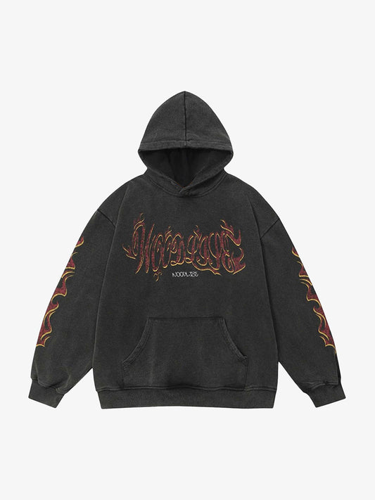 Thesupermade Flame Letter Washed Hooded Sweatshirt - 2216 