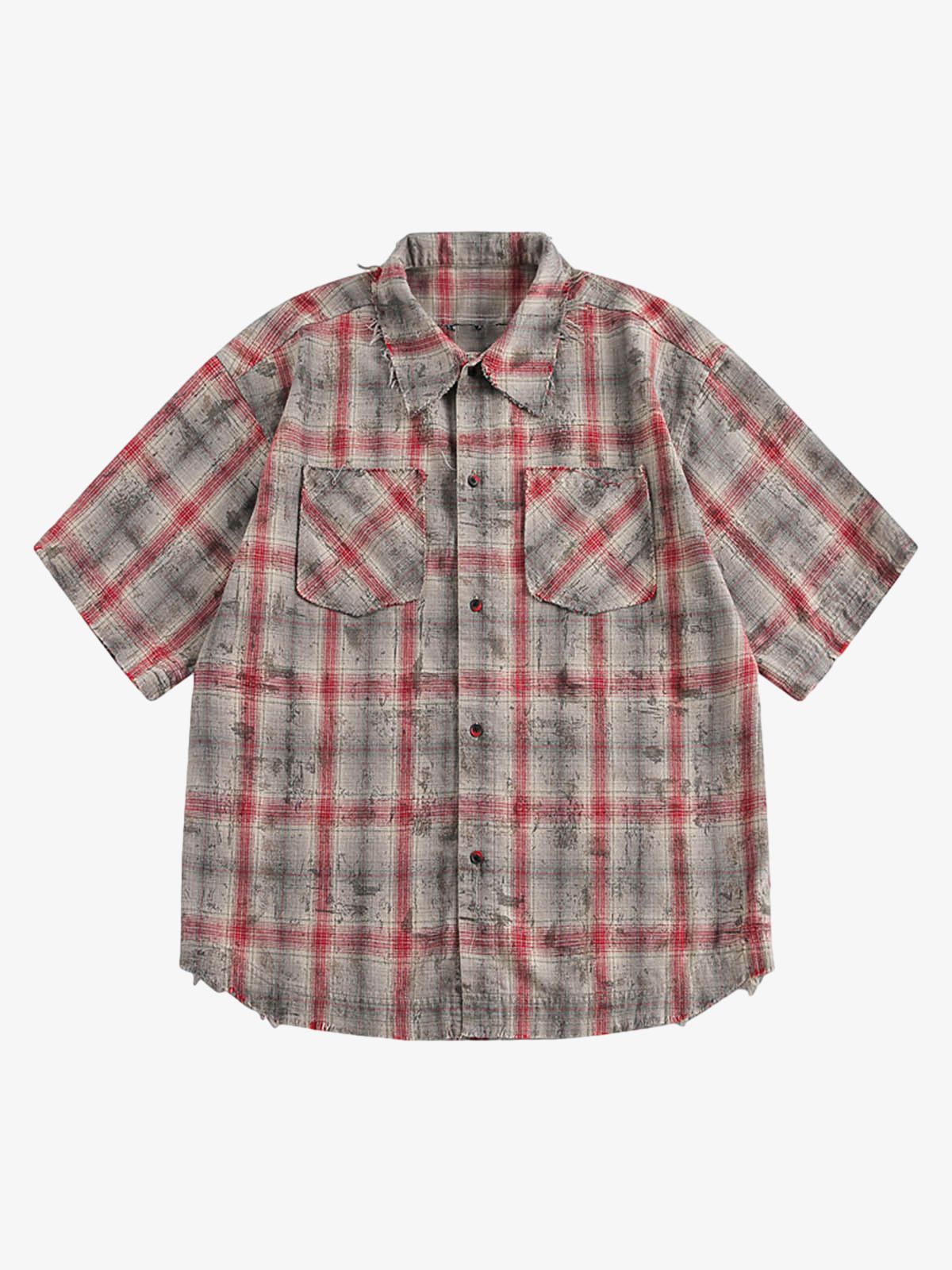 Distressed Patch Plaid Short-Sleeve Shirt 