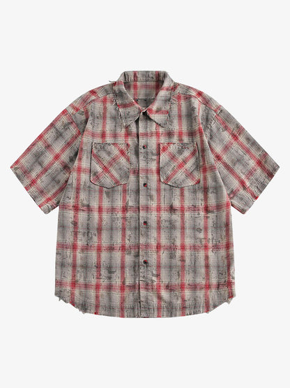 Distressed Patch Plaid Short-Sleeve Shirt 
