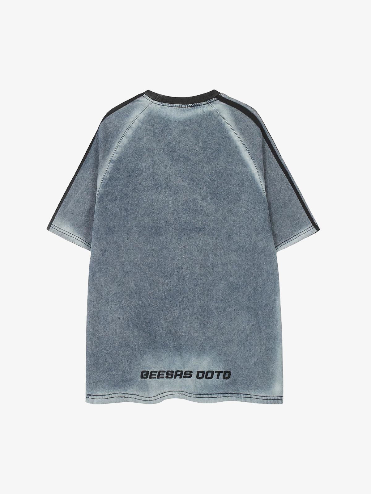 Retro Letter Embroidery Contrast Denim T-shirt 
