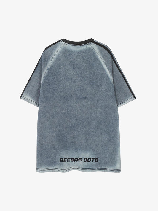 Retro Letter Embroidery Contrast Denim T-shirt 