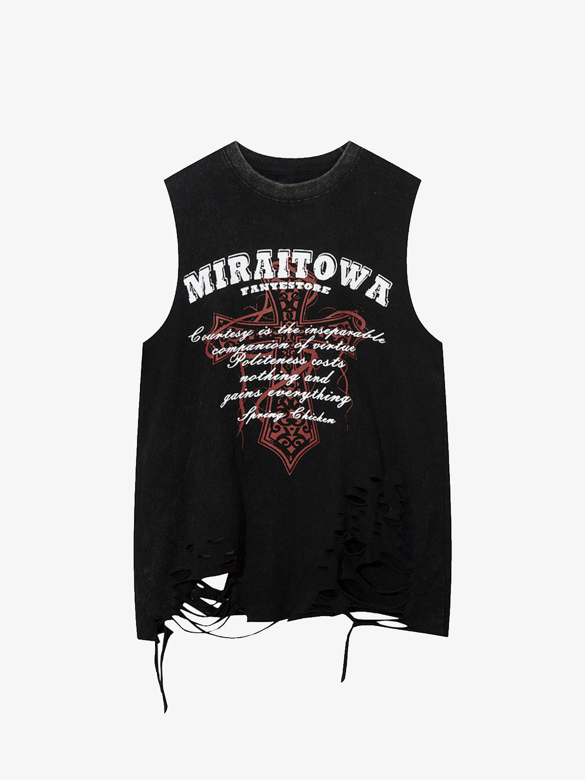 Distressed Ripped Graphic Cross Print Vest 