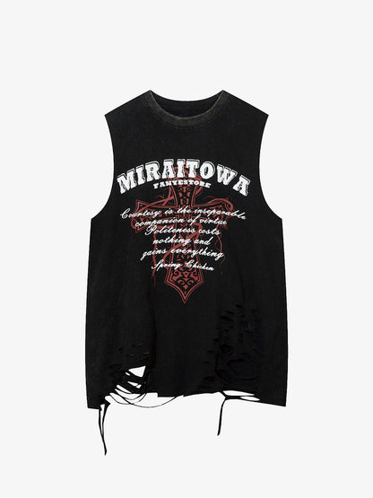Distressed Ripped Graphic Cross Print Vest 