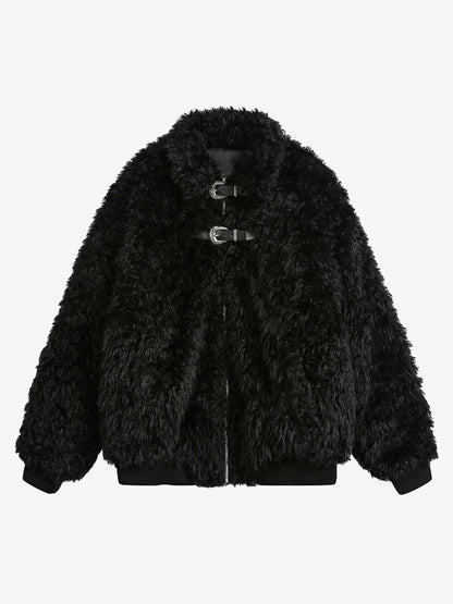 Thesupermade Metal leather button Faux Fur Jacket -2245 