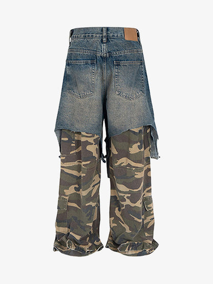 Retro Stitching Faux Two-Piece Camouflage Jeans - 2413 
