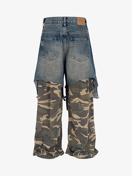 Retro Stitching Faux Two-Piece Camouflage Jeans - 2413 