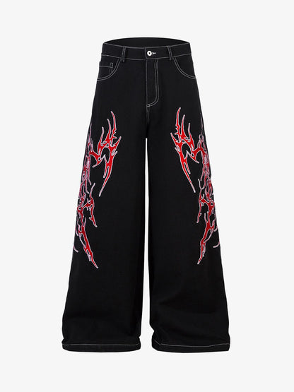 Contrast Flame Embroidered Baggy Jeans - 2364 