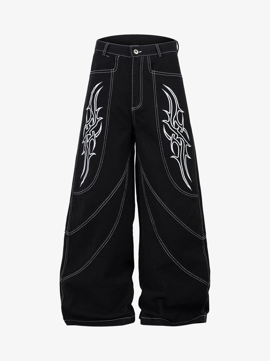 Deconstructed Contrast Embroidered Baggy Jeans - 2330 
