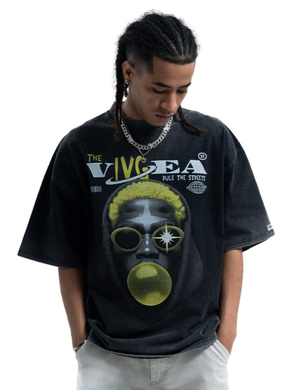 Street Retro Washed Creative Print T-shirt 