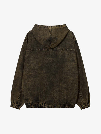 Washed Distressed Letter Embroidered Denim Hoodie 