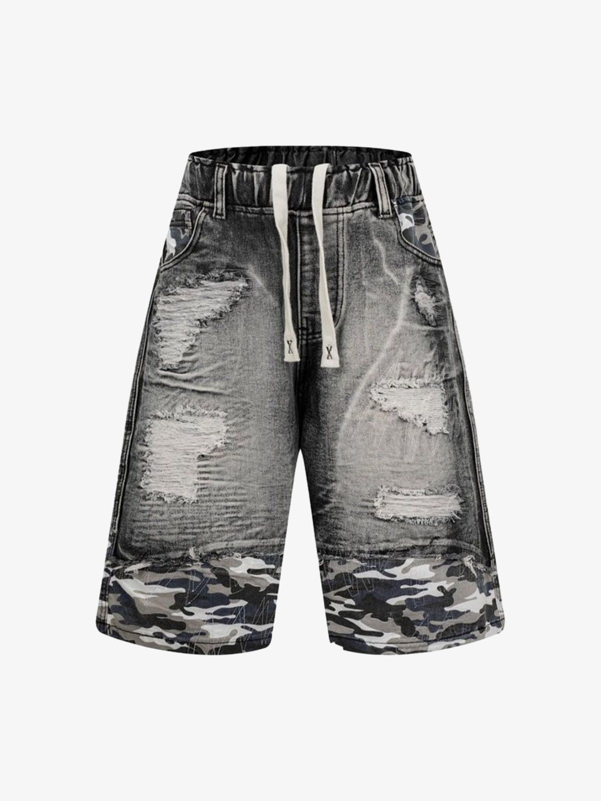 Distressed Camouflage Denim Shorts 