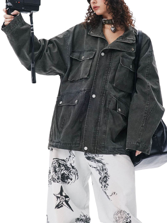 Retro Washed Distressed Multi-Pocket Work Jacket 
