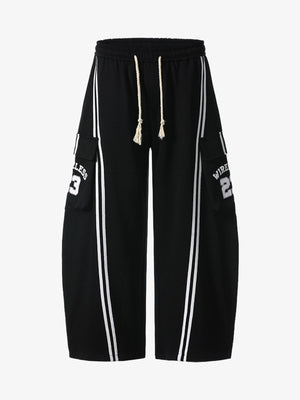 Web Stitching Letter Print Drawstring Barrel Pants 