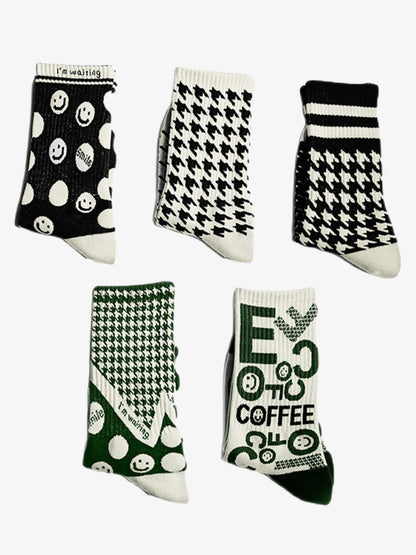 The Supermade Thousand Birds Check Smiley Face Mid-calf Cotton Socks 