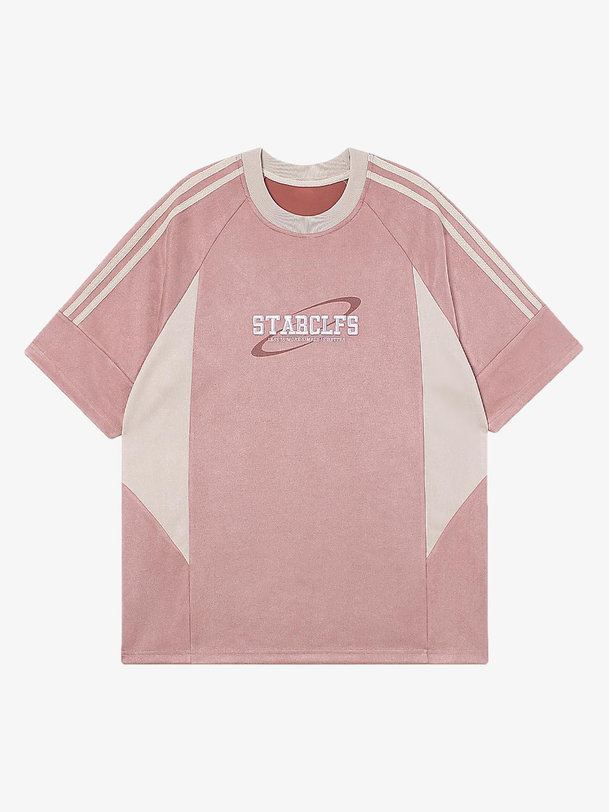 Suede Contrast Color Spliced Letter Embroidery Oversize T-shirt 