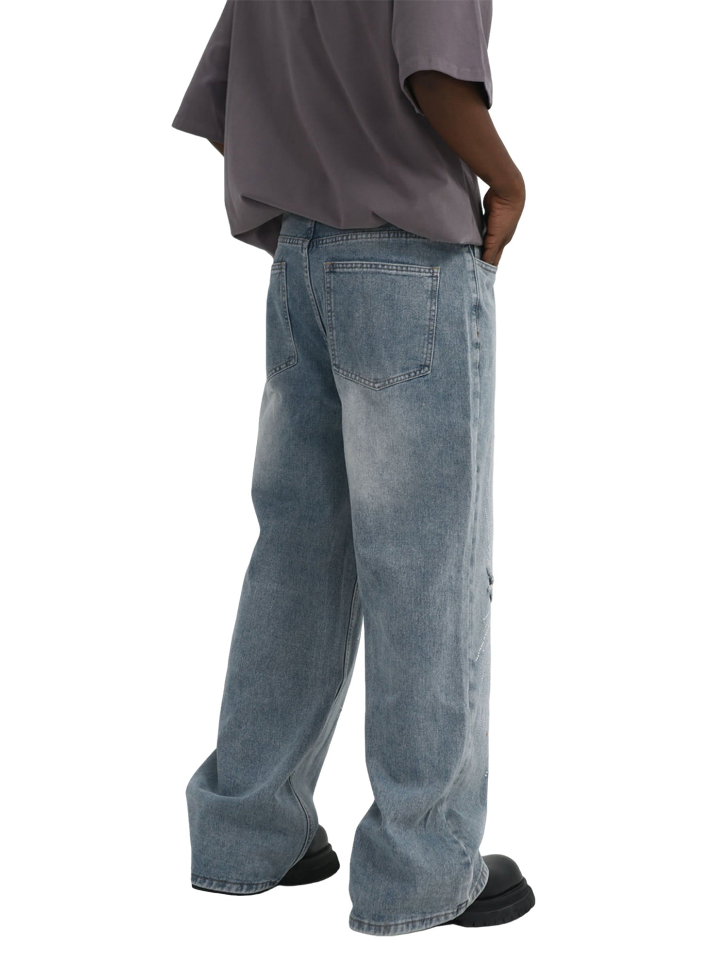 Thesupermade Hip-Hop Shining Cross Hot Diamond Distressed Washed  Baggy Jeans 