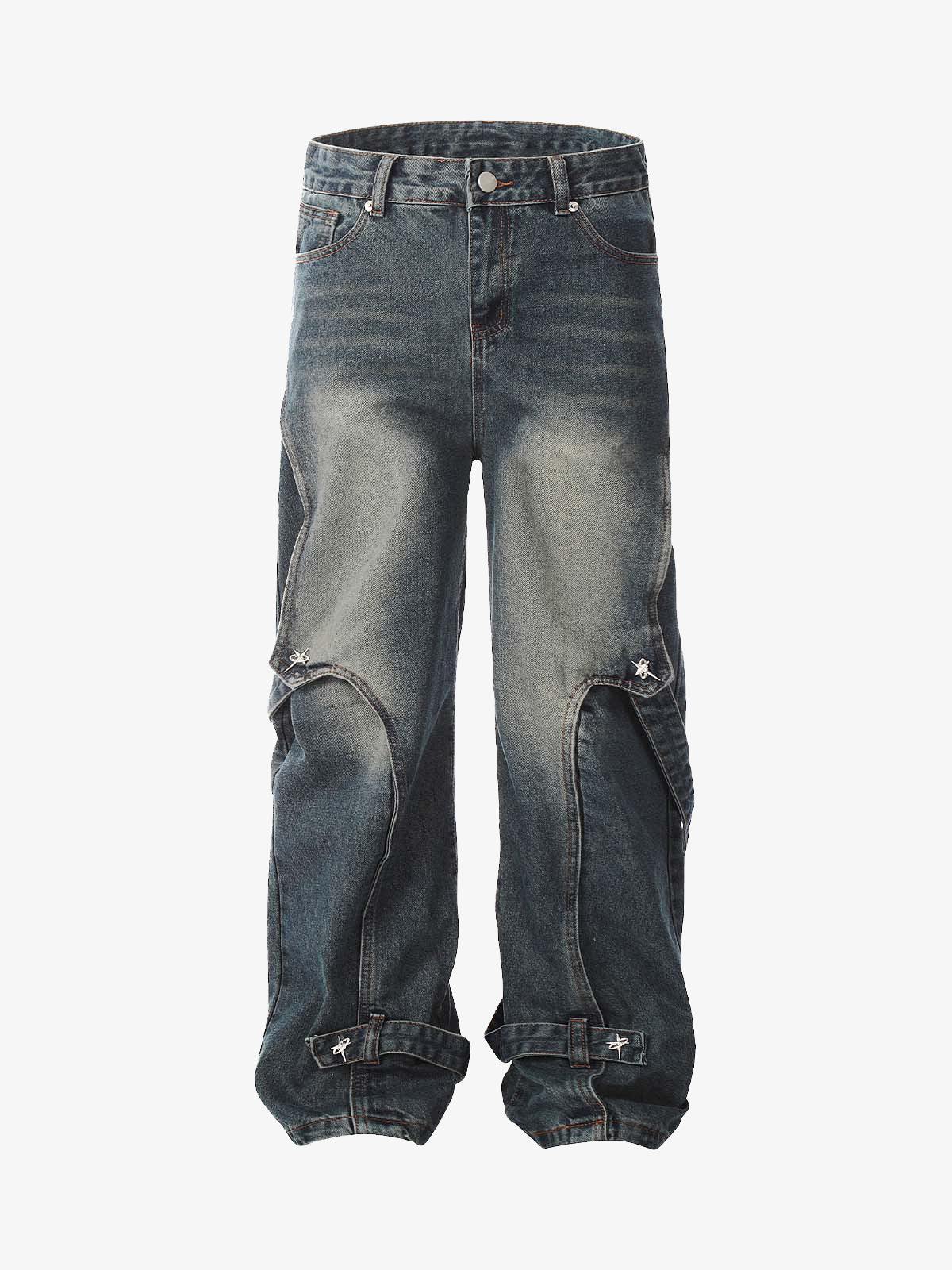 Washed Distressed Deconstructed Split Work Jeans 