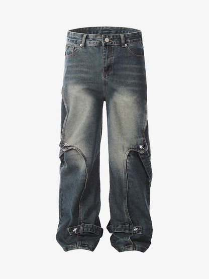 Washed Distressed Deconstructed Split Work Jeans 