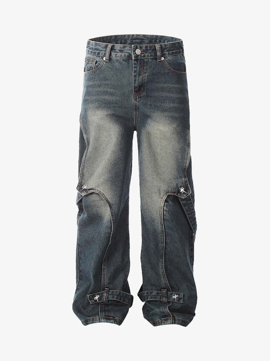 Washed Distressed Deconstructed Split Work Jeans 