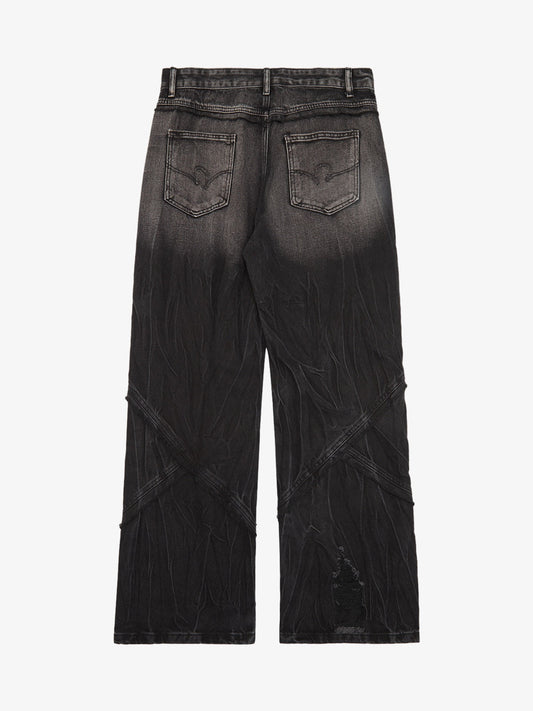 Thesupermade Heavy Washed Ripped Plaid Stitching Hip-Hop Jeans - 2174 
