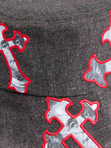 Cross And Portrait Denim Bucket Hat 