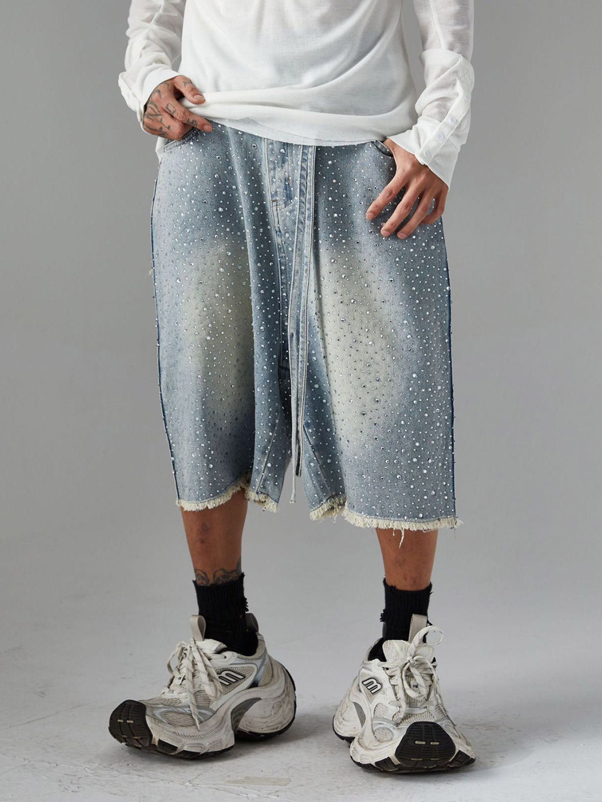 Distressed Rhinestone Denim Jorts - 2454 