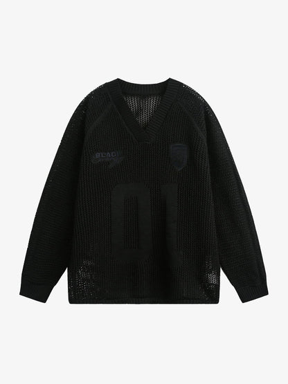 Vintage Ripped Long Sleeve Knitted Jersey V-Neck Sweater 