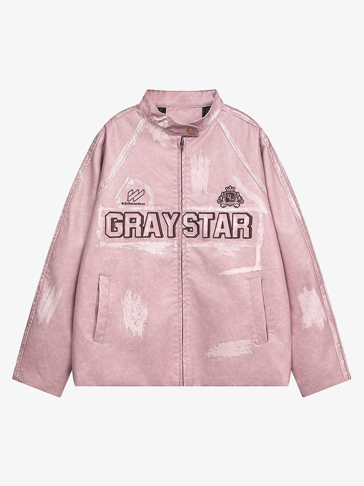 Thesupermade Distressed Letter Embroidery Motorcycle PU Leather Jacket 