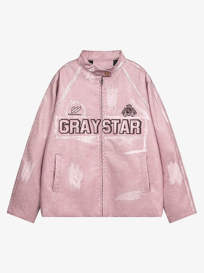 Thesupermade Distressed Letter Embroidery Motorcycle PU Leather Jacket 