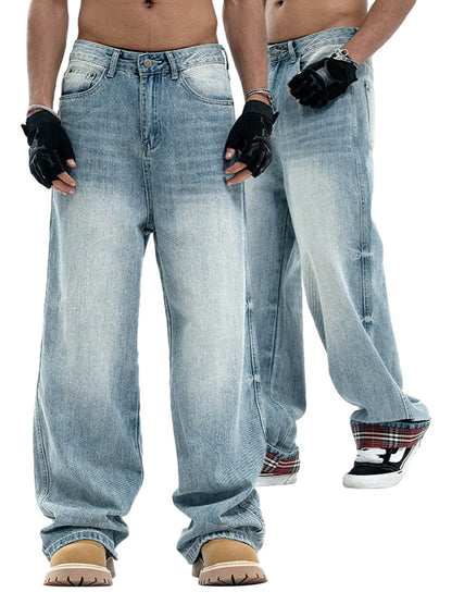 Vintage Washed Plaid Baggy Jeans 