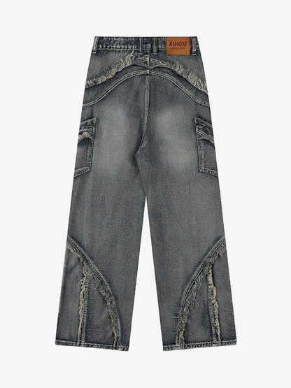 Thesupermade Washed Side Pocket Raw Edge Baggy Jeans - 2303 