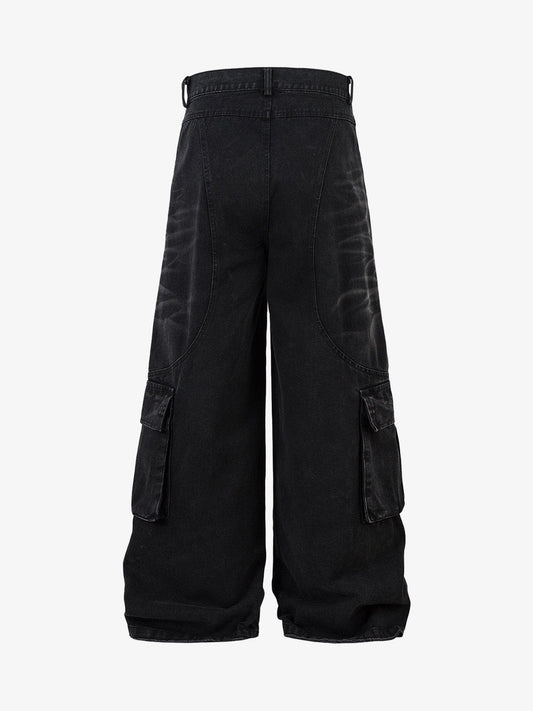 Washed Distressed Multi-Pocket Cargo Jeans 