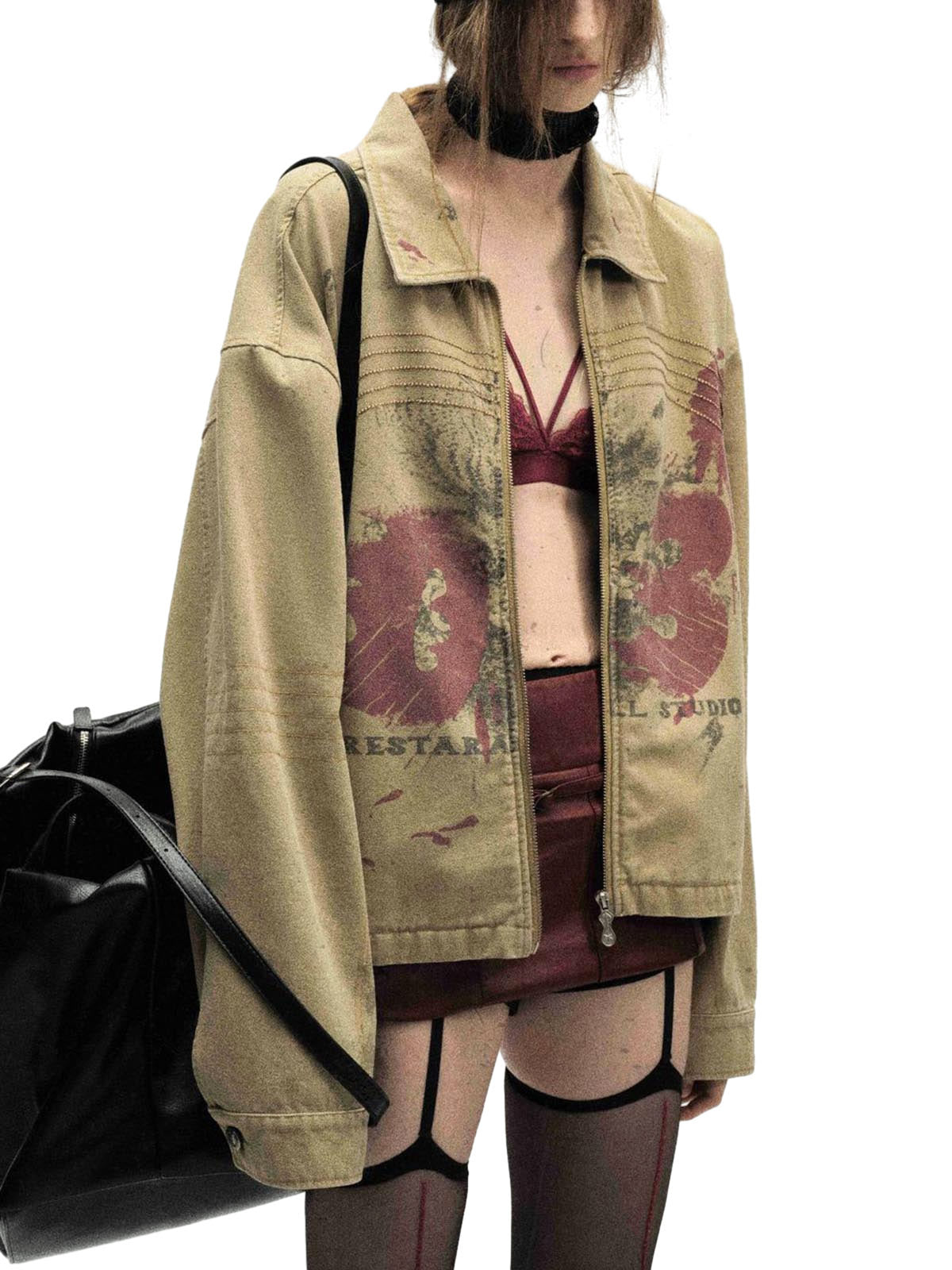 Washed Graffiti Zip Up Workwear Jacket 