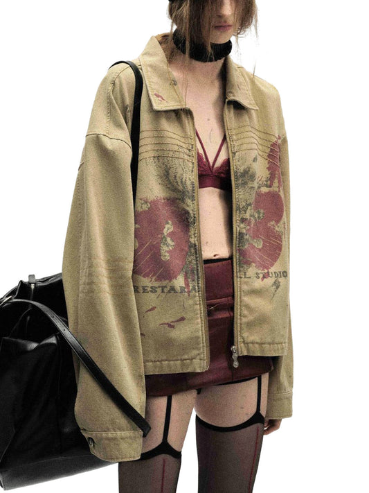 Washed Graffiti Zip Up Workwear Jacket 