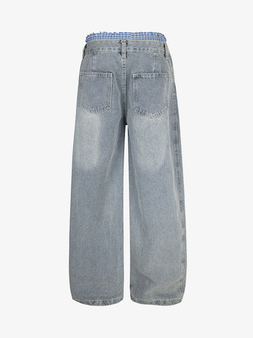 Plaid Double Waist Baggy Jeans - 2505 