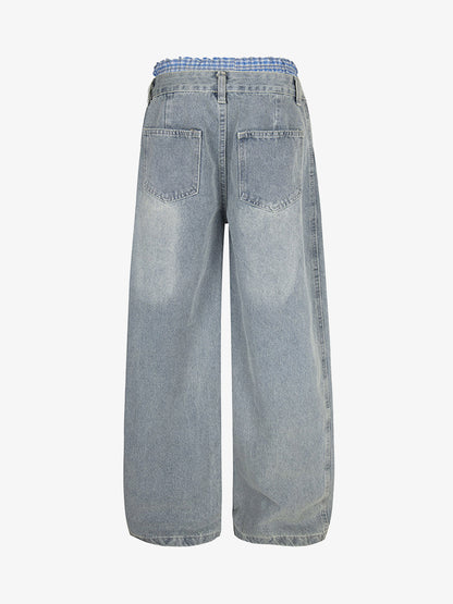 Plaid Double Waist Baggy Jeans - 2505 