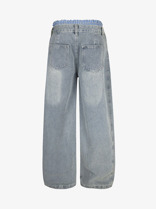 Plaid Double Waist Baggy Jeans - 2505 