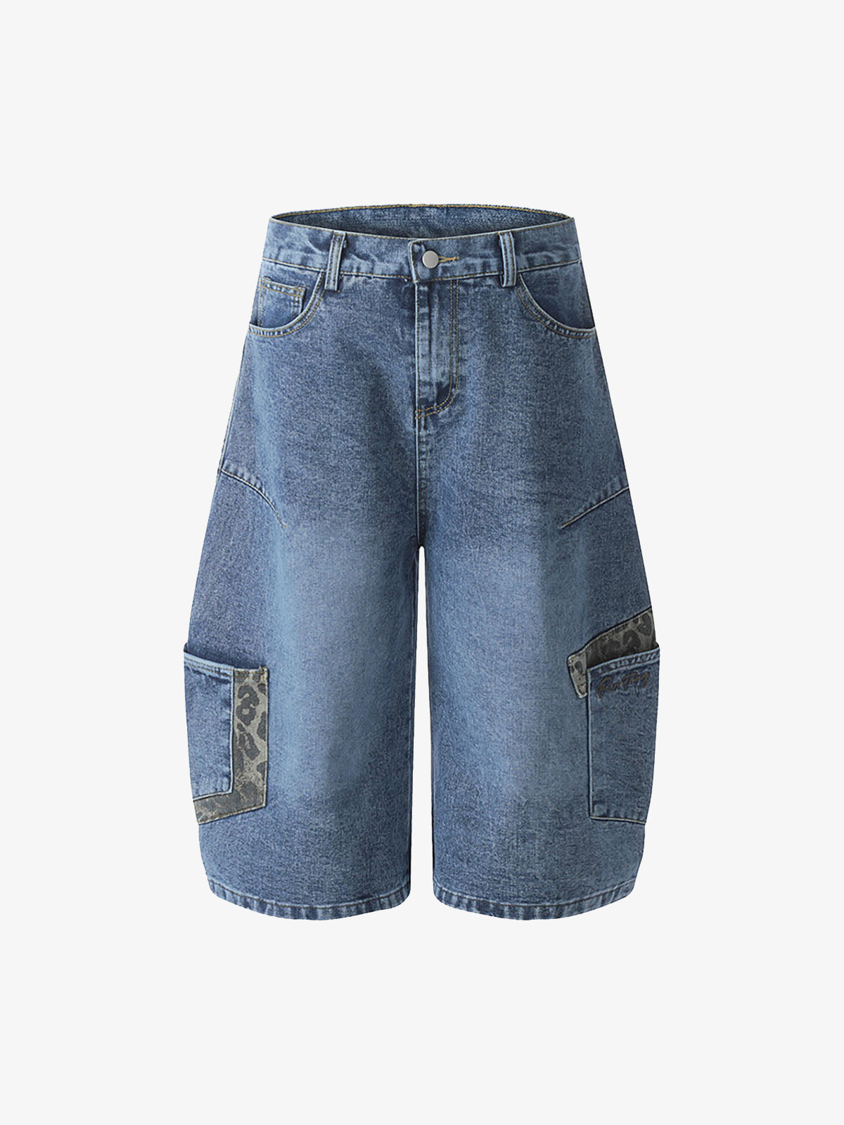Washed Cheetah Print Patchwork Denim Jorts 