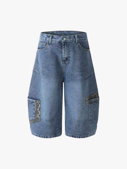Washed Cheetah Print Patchwork Denim Jorts 