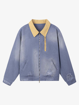 Retro Ripped Washed Contrast Color Work Jacket 