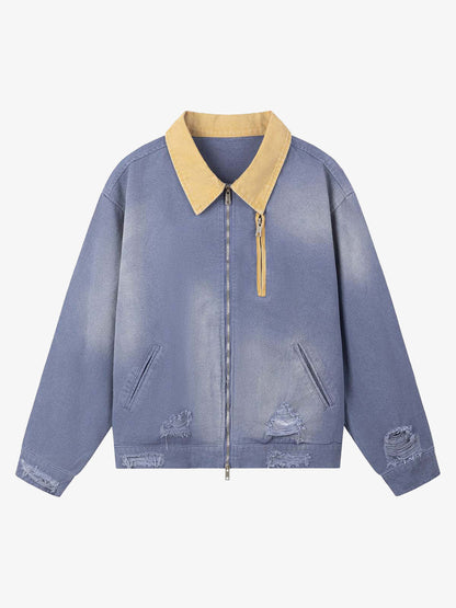 Retro Ripped Washed Contrast Color Work Jacket 