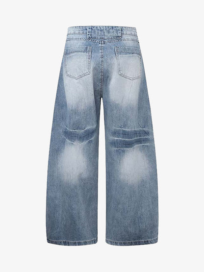 Distressed Washed Deconstructed Barrel Jeans 