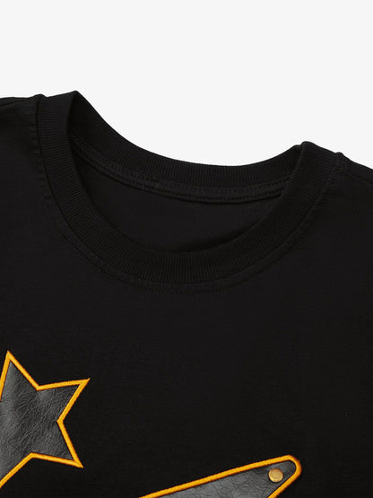Thesupermade Leather Studded Creative Star Street Rap T-shirt 