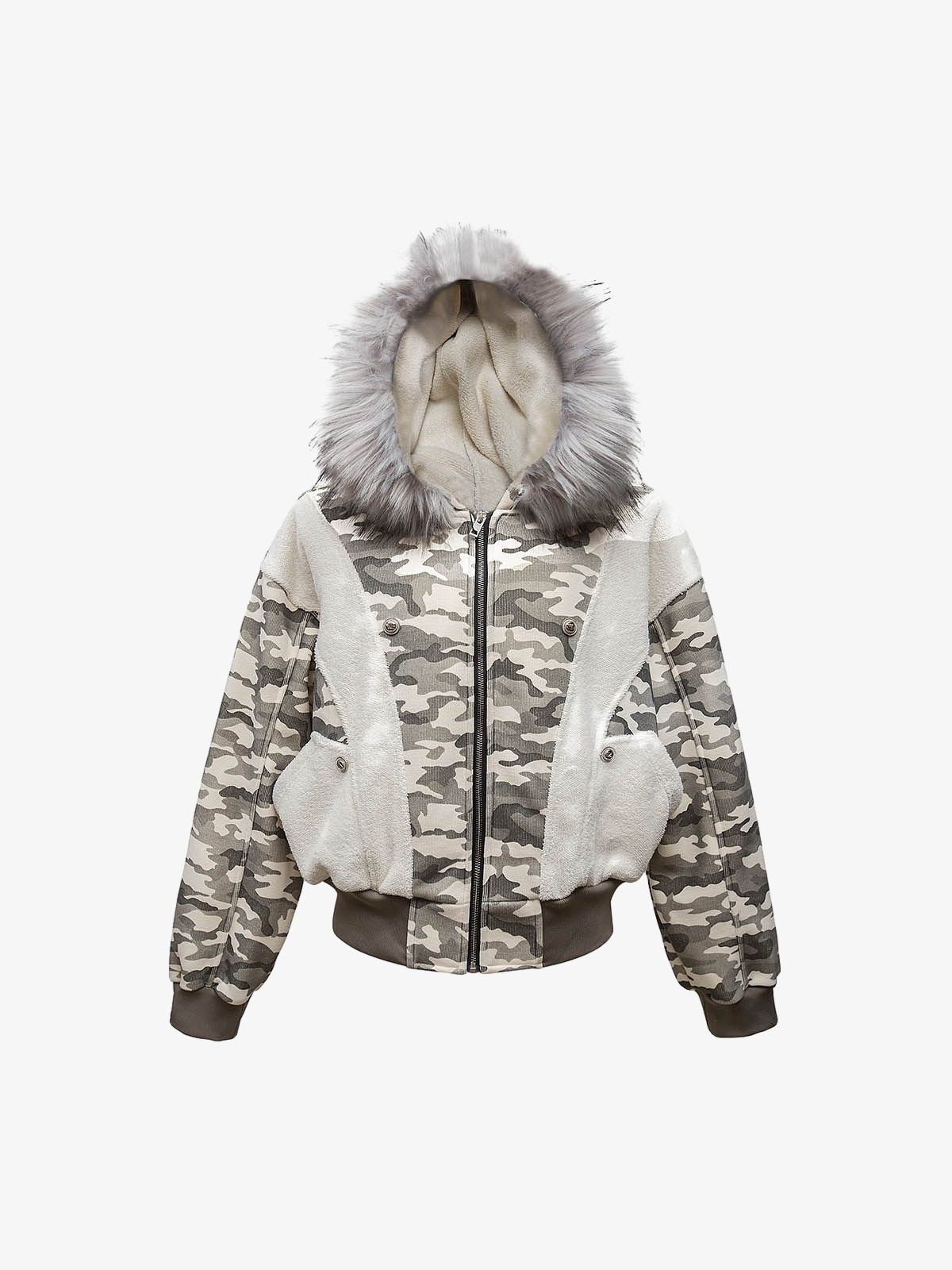 Camouflage Spliced Fur Hooded Fleece Jacket - 2262 
